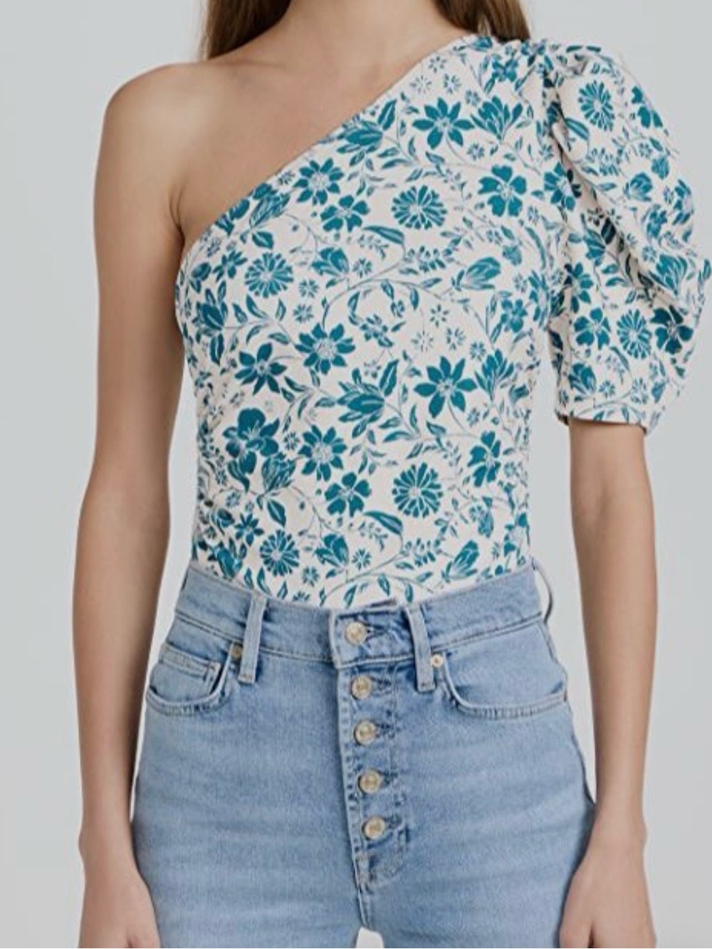 Free People One-Shoulder Floral Puff Sleeve Bodysuit - Teal/Cream